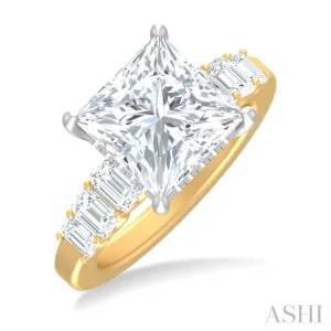 1 1/4 ctw Princess Shape Emerald and Round Cut Diamond Semi Mount Engagement Ring in 14K Yellow and White Gold