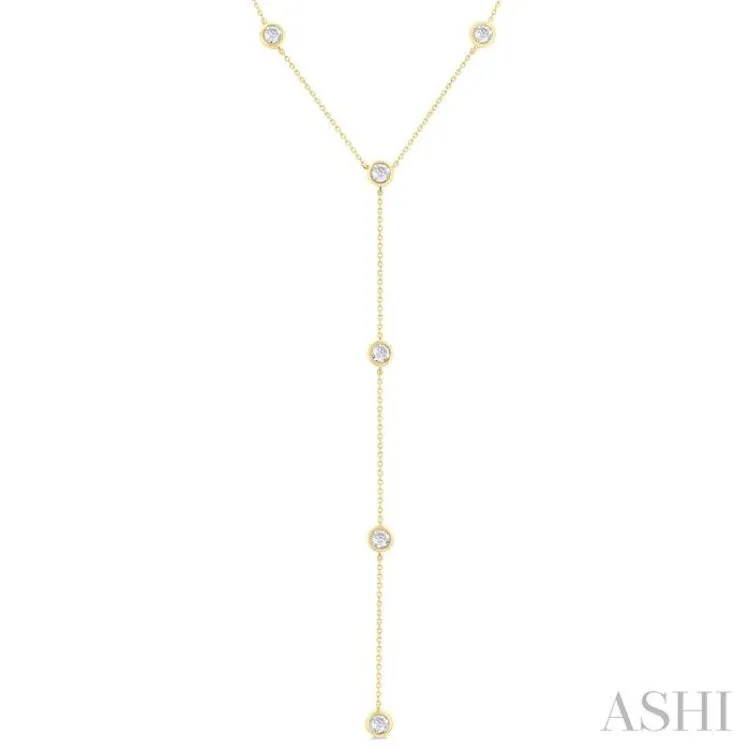 1 ctw Bezel Set Round Cut Diamond Y-Shape Lariat Station Necklace in 14K Yellow Gold