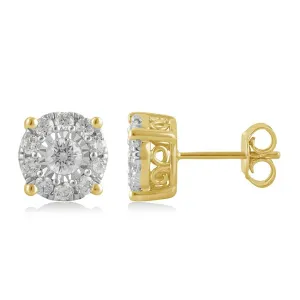 1 CTW Natural Diamond Cluster Stud Earrings in 10KT Yellow Gold