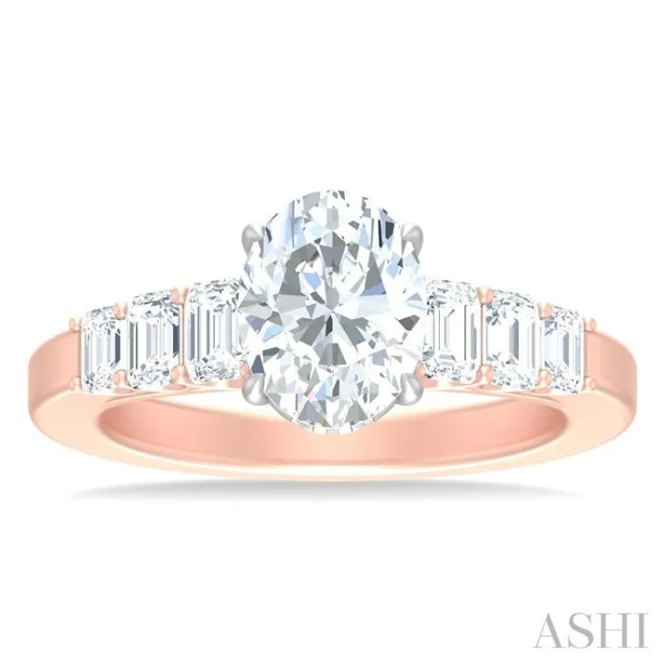 1 ctw Oval Shape Emerald and Round Cut Diamond Semi Mount Engagement Ring in 14K Rose and White Gold