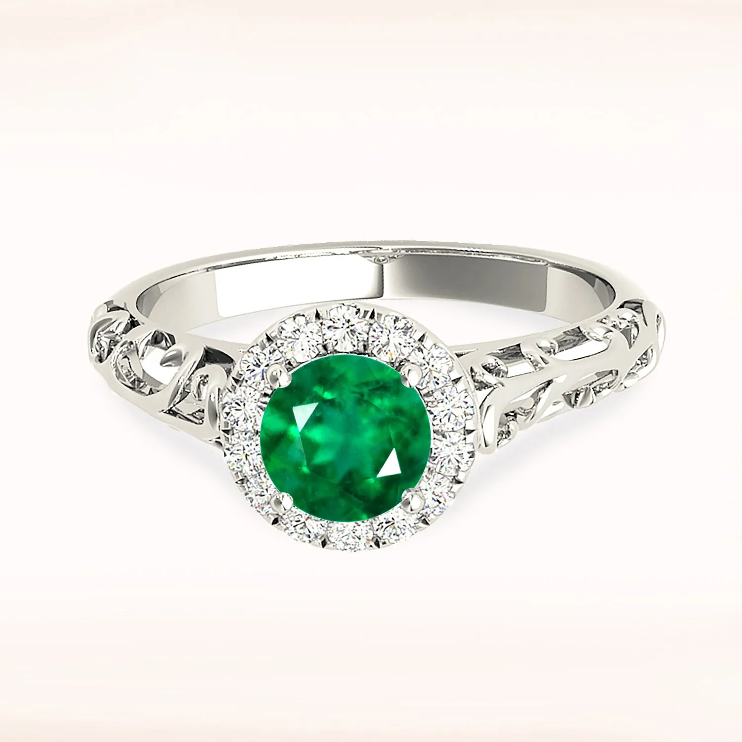 1.00 ct. Genuine Emerald Ring With Halo And Hand Carved Solid Gold Floral Band