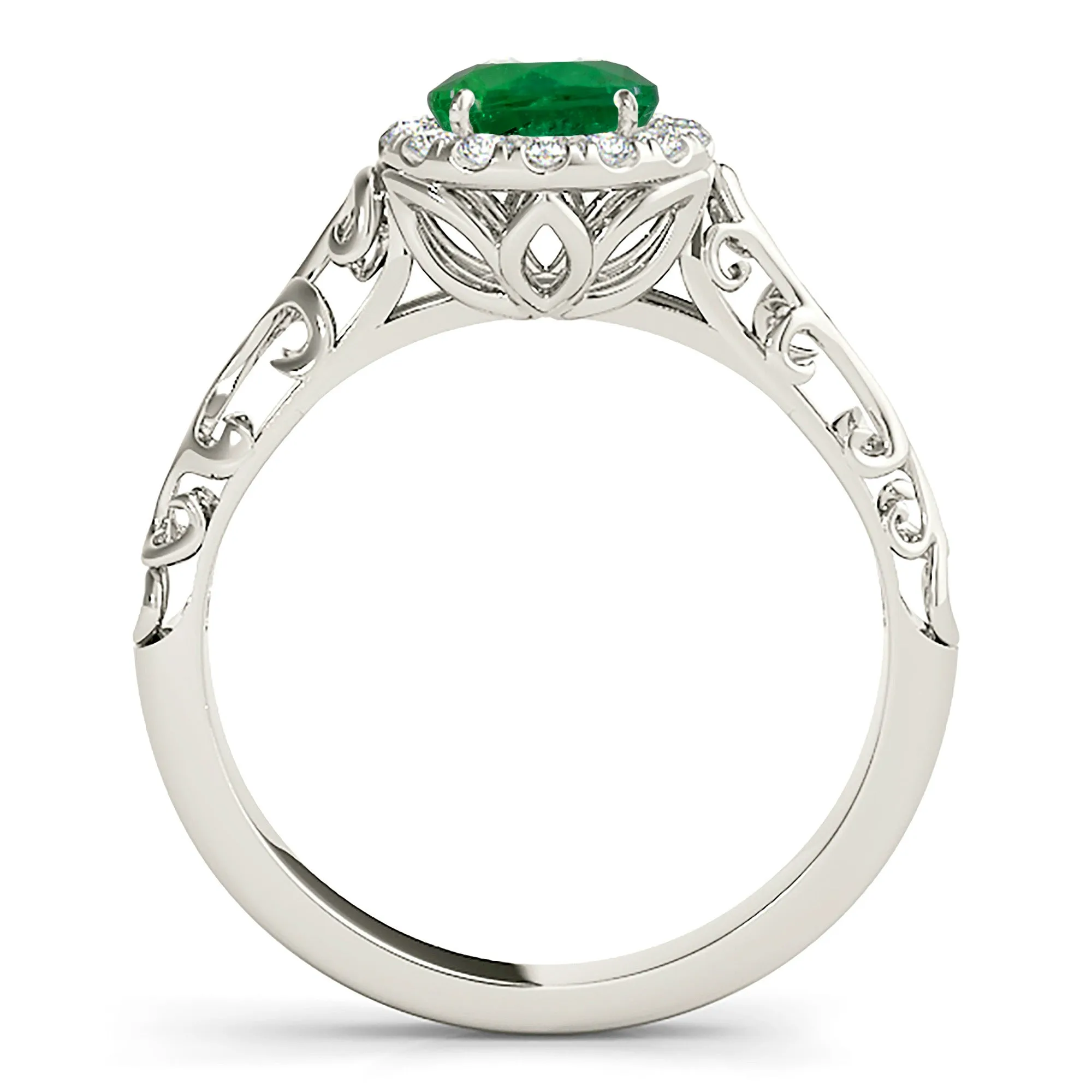 1.00 ct. Genuine Emerald Ring With Halo And Hand Carved Solid Gold Floral Band