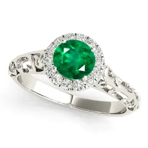 1.00 ct. Genuine Emerald Ring With Halo And Hand Carved Solid Gold Floral Band