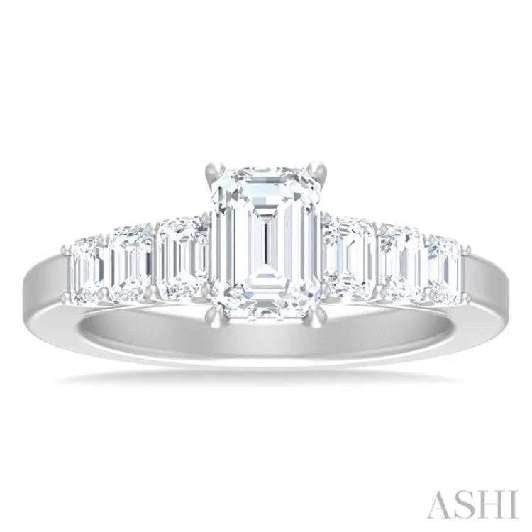 1.00 ctw Emerald Shape Emerald and Round Cut Diamond Semi Mount Engagement Ring in 14K White Gold