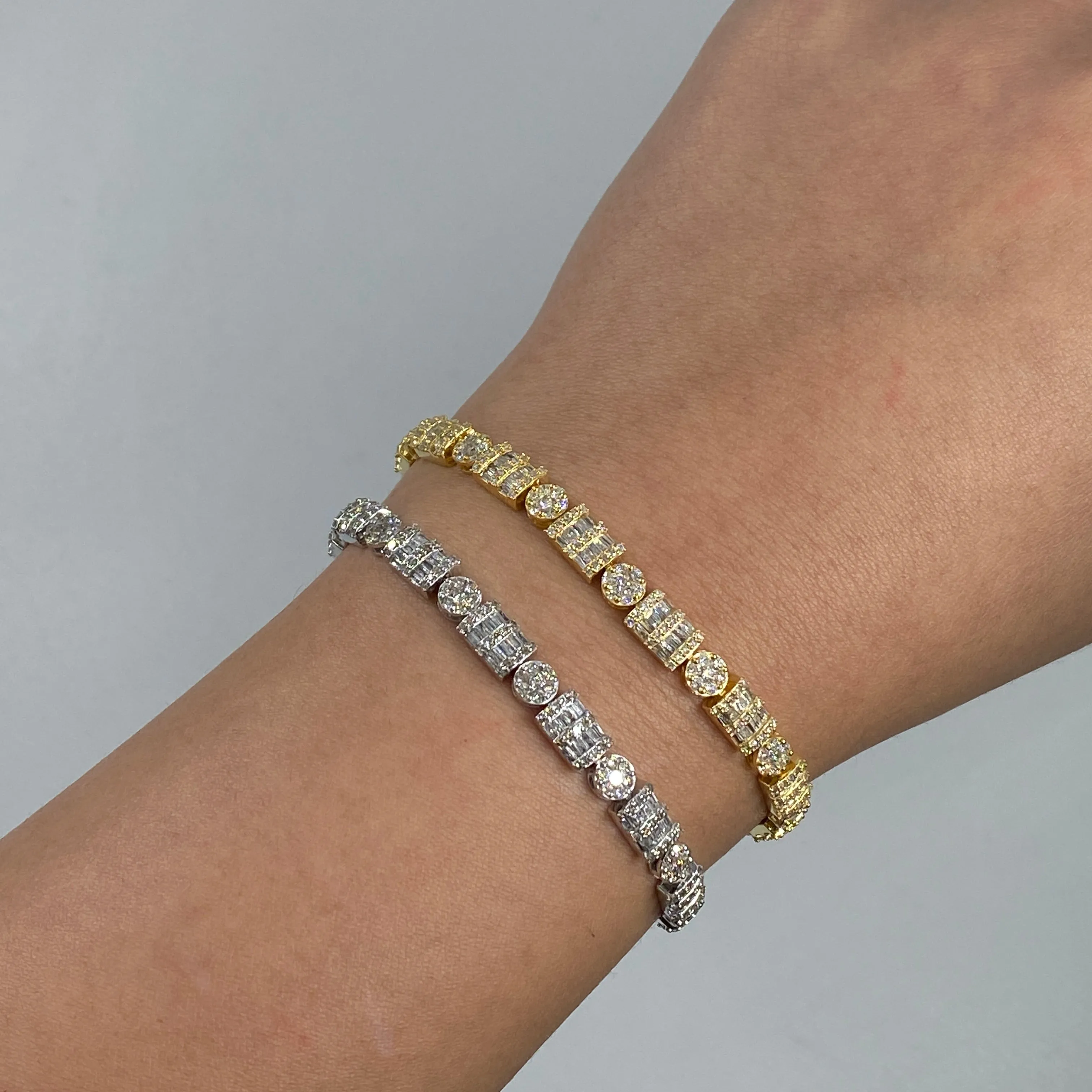 10K 5.5MM Circle and Rectangle Diamond Baguette Link Bracelet 8-7.5"