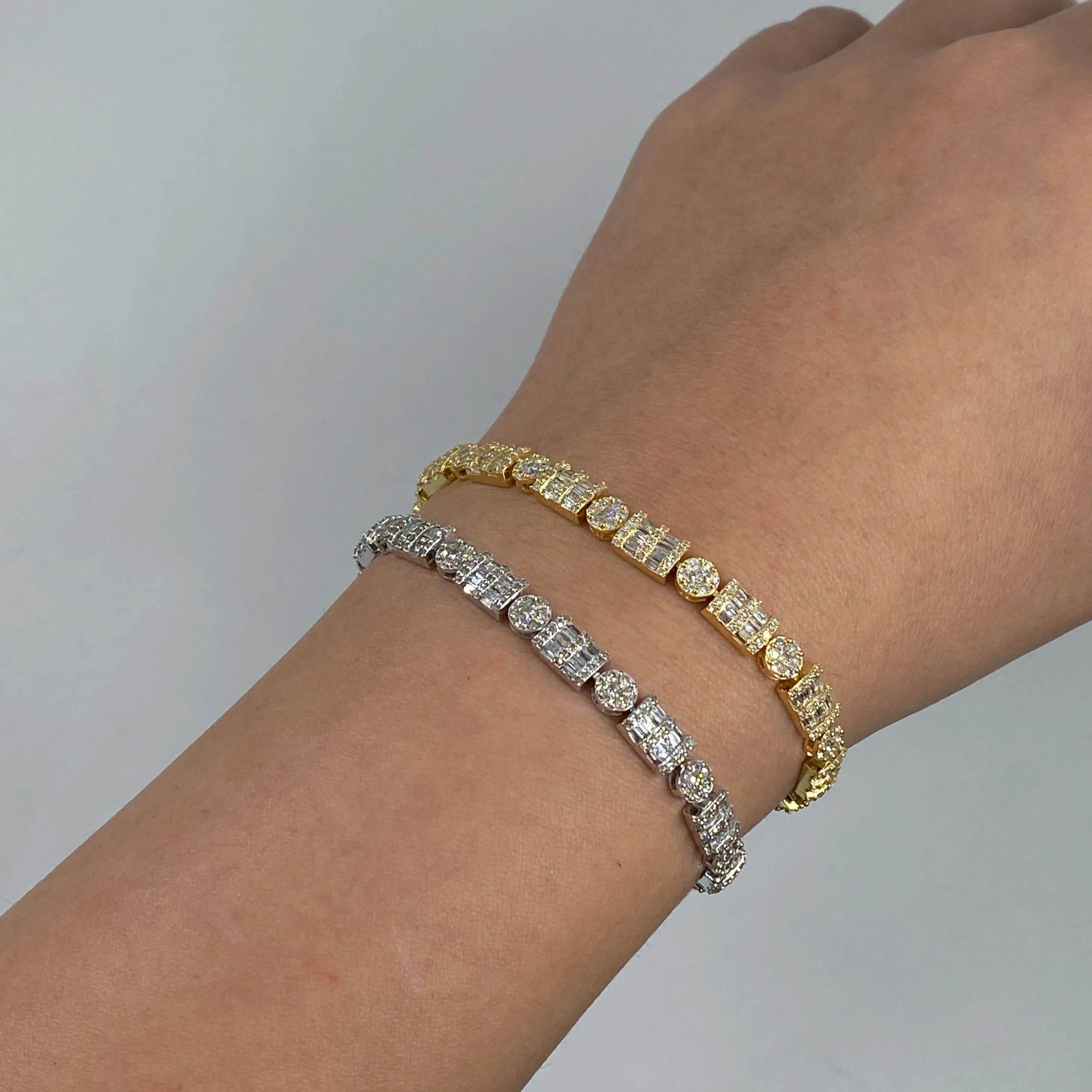 10K 5.5MM Circle and Rectangle Diamond Baguette Link Bracelet 8-7.5"