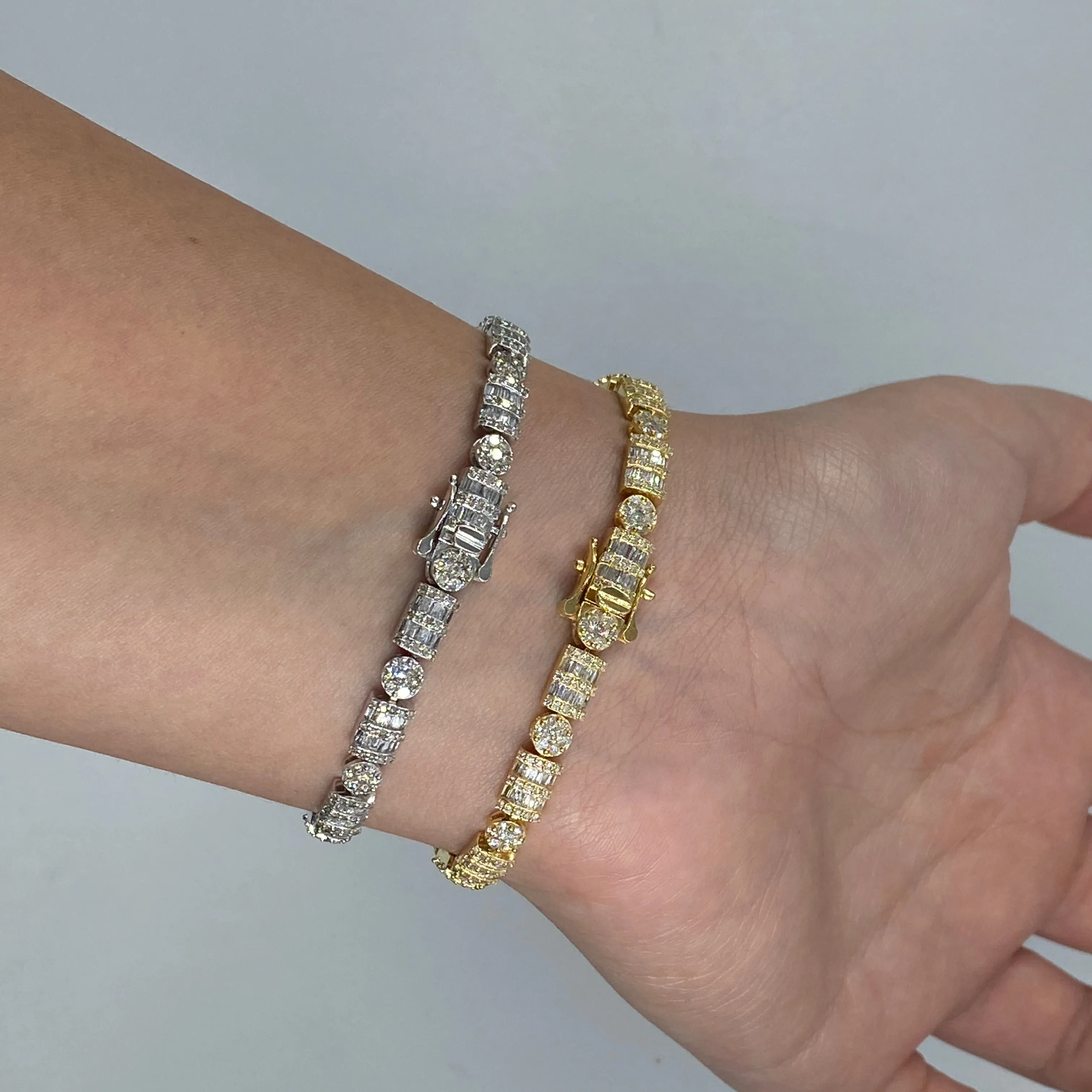 10K 5.5MM Circle and Rectangle Diamond Baguette Link Bracelet 8-7.5"