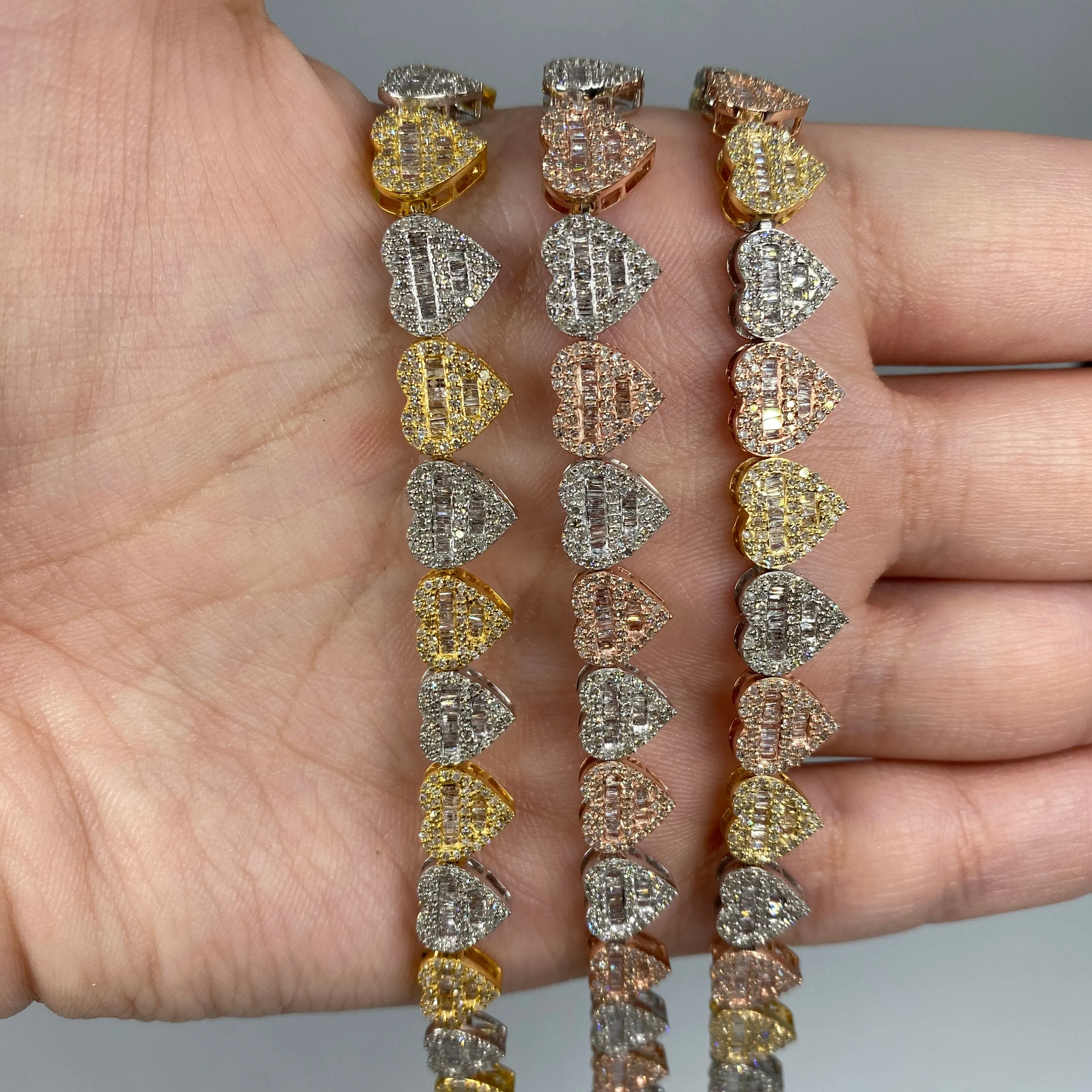 10K 9MM Multi-Color Hearts Link Diamond Baguette Bracelet 6.5-7.5