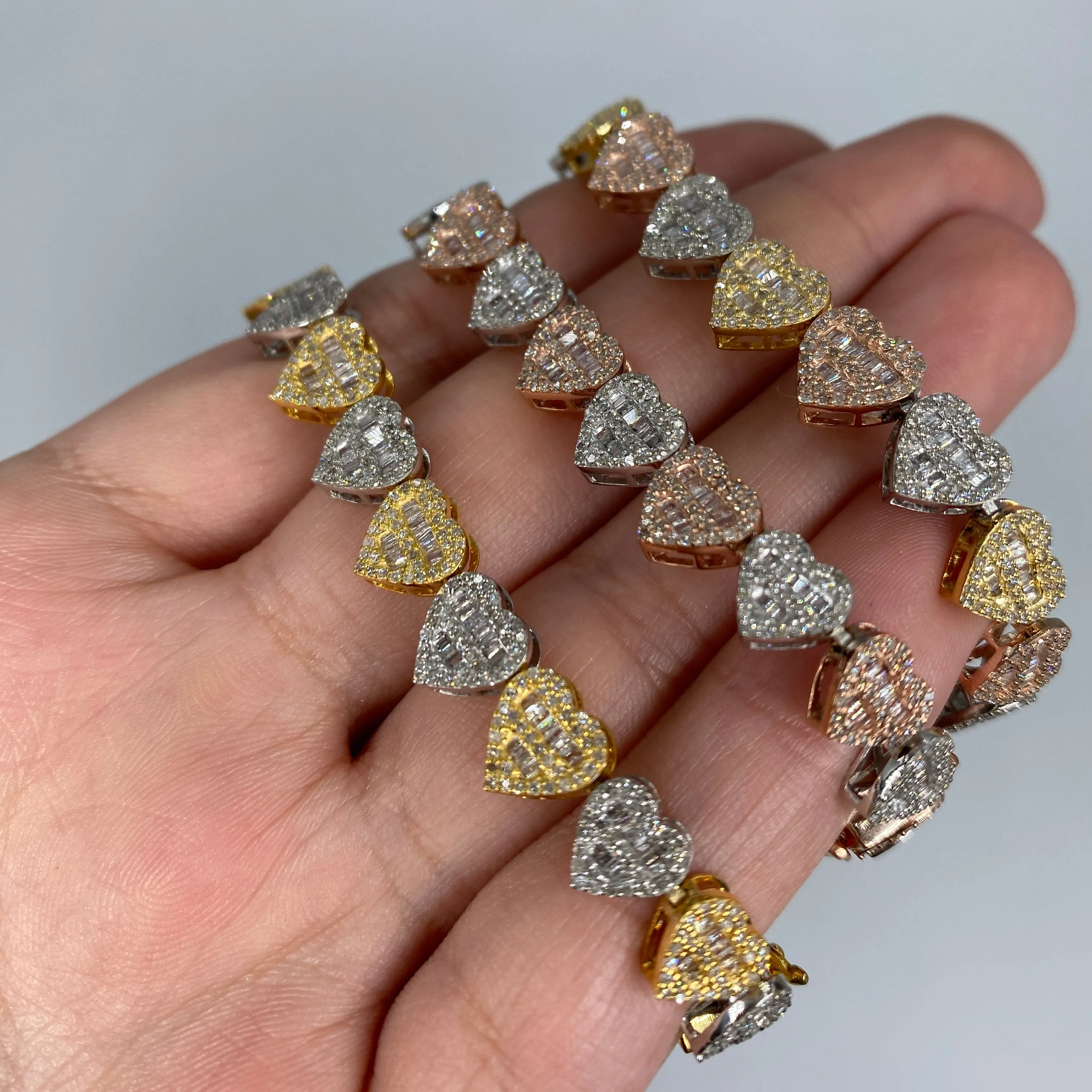 10K 9MM Multi-Color Hearts Link Diamond Baguette Bracelet 6.5-7.5