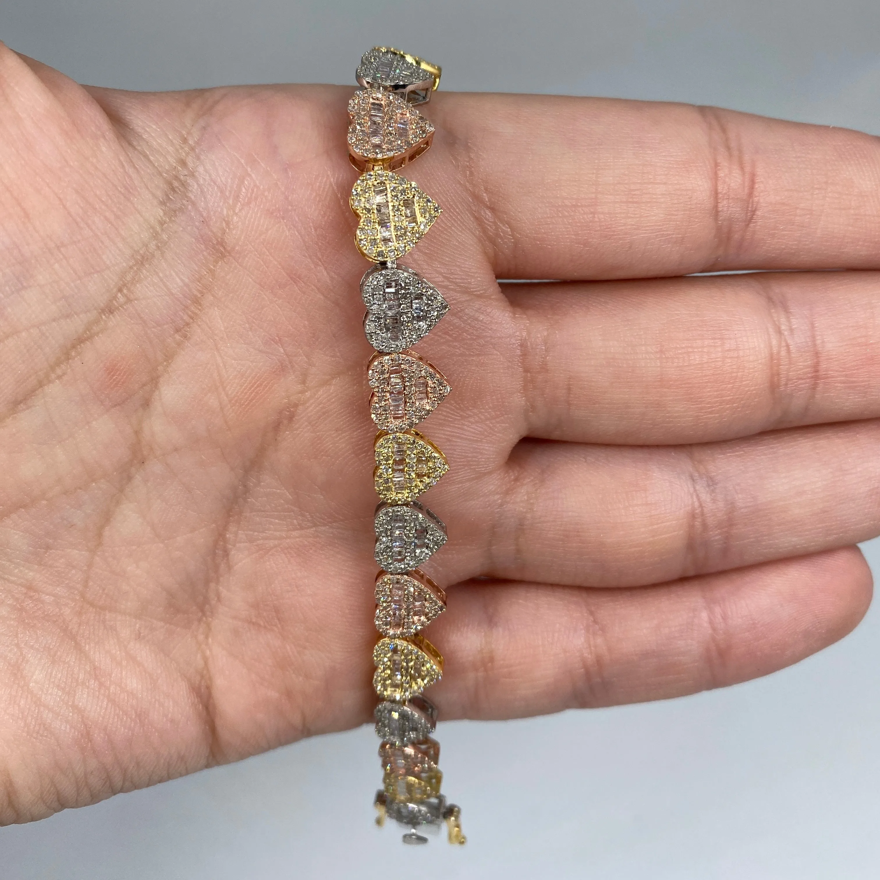 10K 9MM Multi-Color Hearts Link Diamond Baguette Bracelet 6.5-7.5