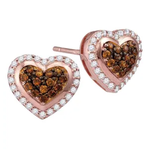 10k Rose Gold Cognac-brown Enhanced Diamond Heart Cluster Screwback Earrings 1/2 Cttw