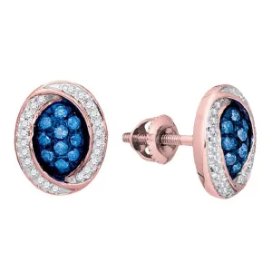 10K Rose Gold Round Blue Color Enhanced Diamond Oval Cluster Earrings 1/3 Cttw