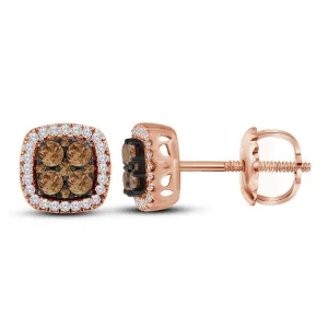 10K Rose Gold Round Cognac-brown Color Enhanced Diamond Square Cluster Earrings 1/2 Cttw