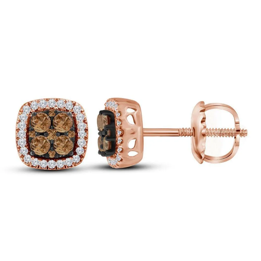 10K Rose Gold Round Cognac-brown Color Enhanced Diamond Square Cluster Earrings 1/2 Cttw