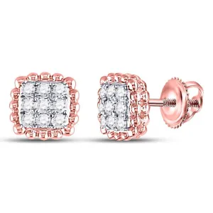 10K Rose Gold Round Diamond Beaded Square Frame Cluster Earrings 1/4 Cttw