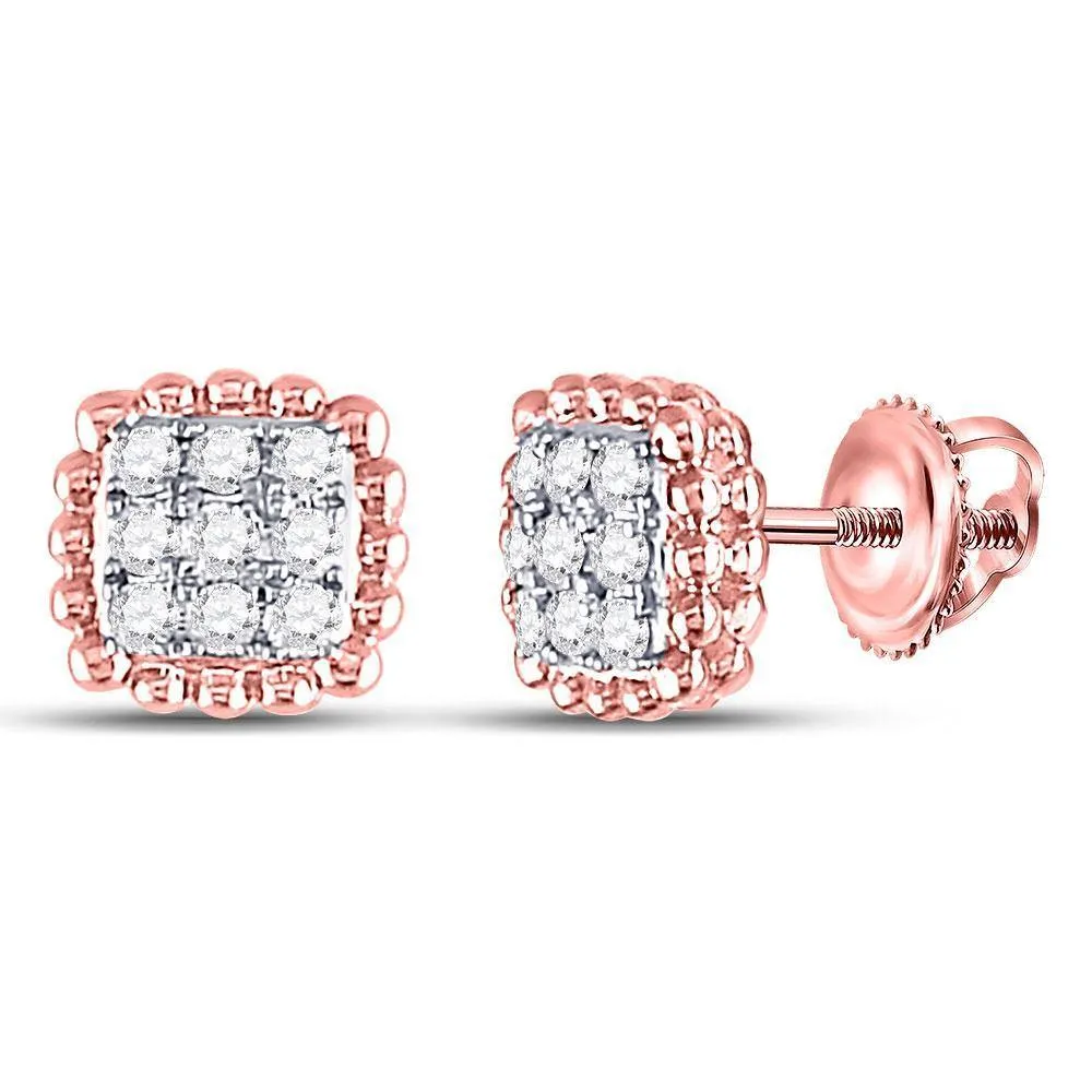 10K Rose Gold Round Diamond Beaded Square Frame Cluster Earrings 1/4 Cttw