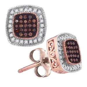 10K Rose Gold Round Red Color Enhanced Diamond Square Cluster Earrings 1/4 Cttw
