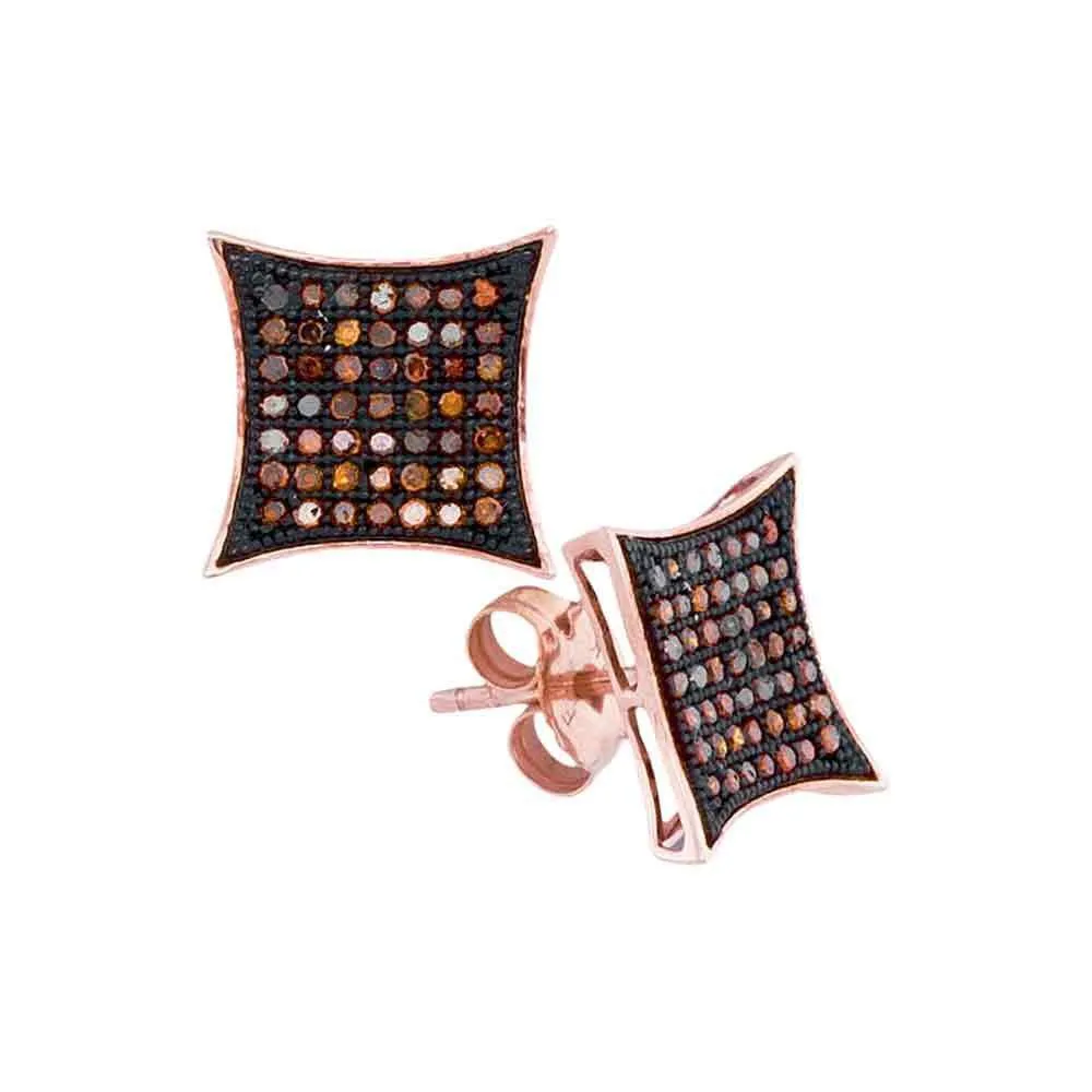10K Rose Gold Round Red Color Enhanced Diamond Square Kite Cluster Earrings 1/3 Cttw