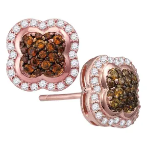 10k Rose Gold Women Cognac-brown Enhanced Diamond Cluster Stud Earrings 1/2 Cttw