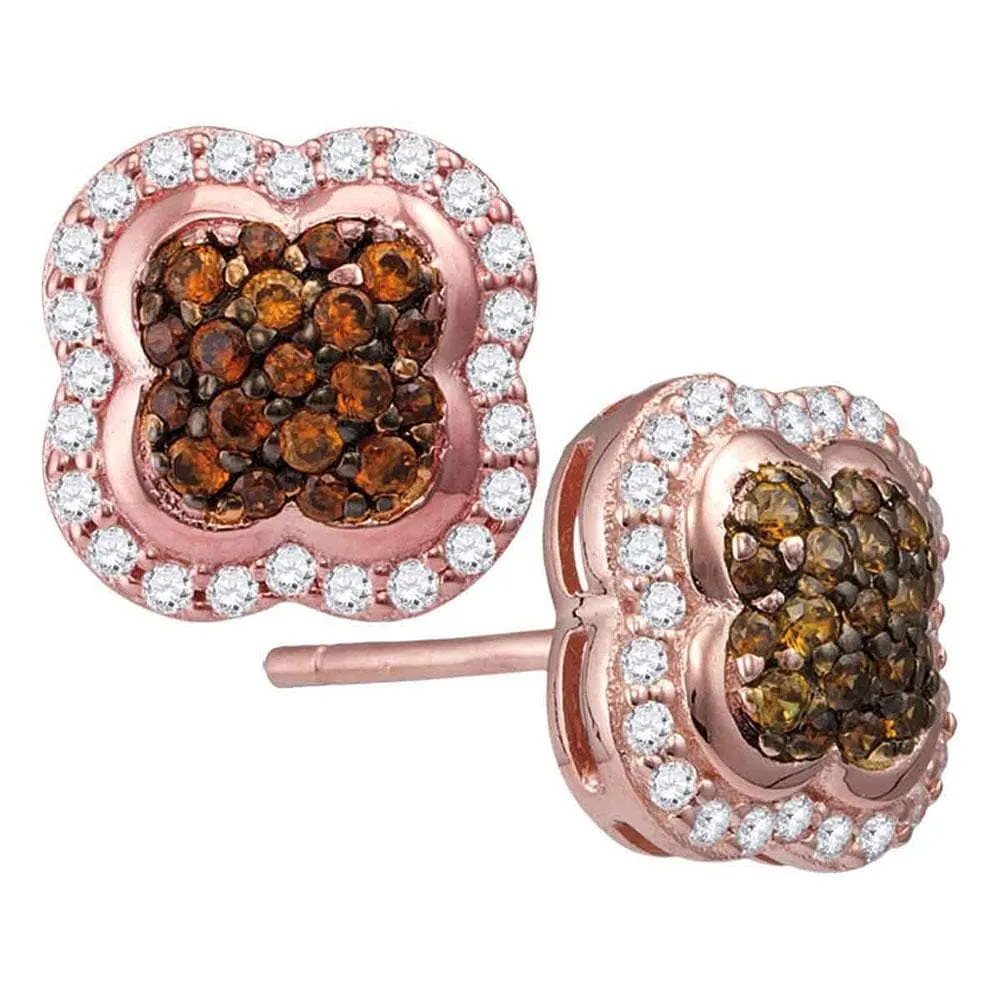 10k Rose Gold Women Cognac-brown Enhanced Diamond Cluster Stud Earrings 1/2 Cttw