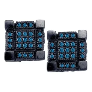 10k Two-tone Gold Round Blue Enhanced Diamond Square Cluster Earrings 1/3 Cttw
