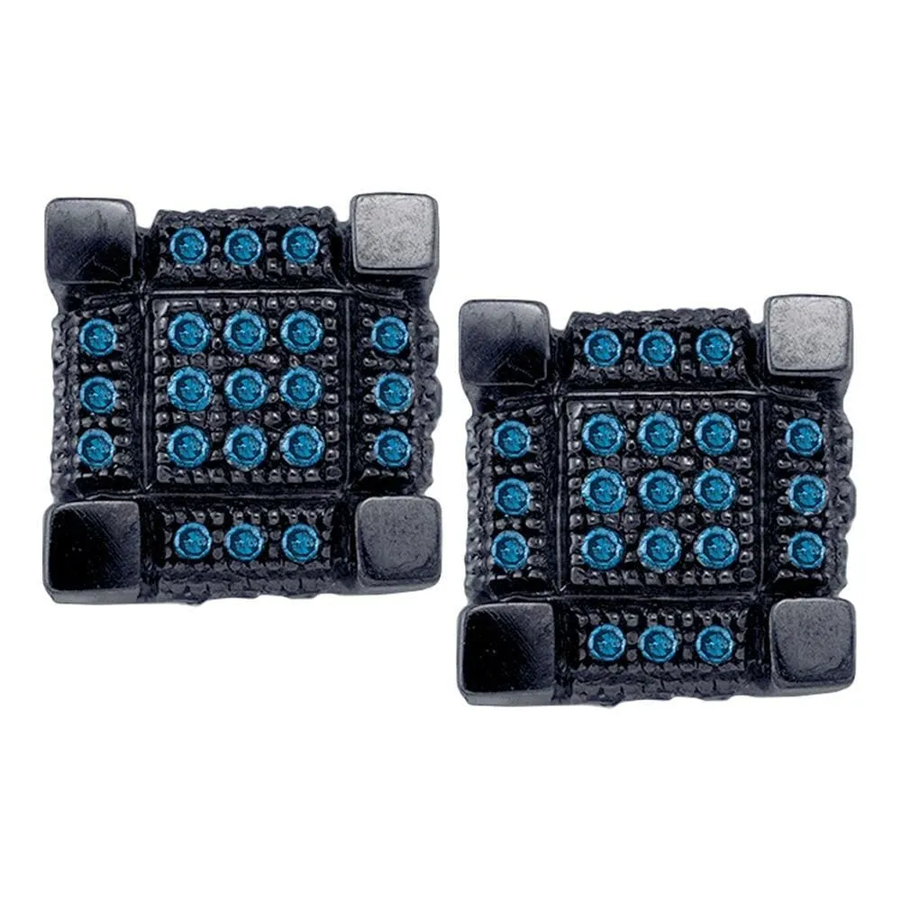 10k Two-tone Gold Round Blue Enhanced Diamond Square Cluster Earrings 1/3 Cttw