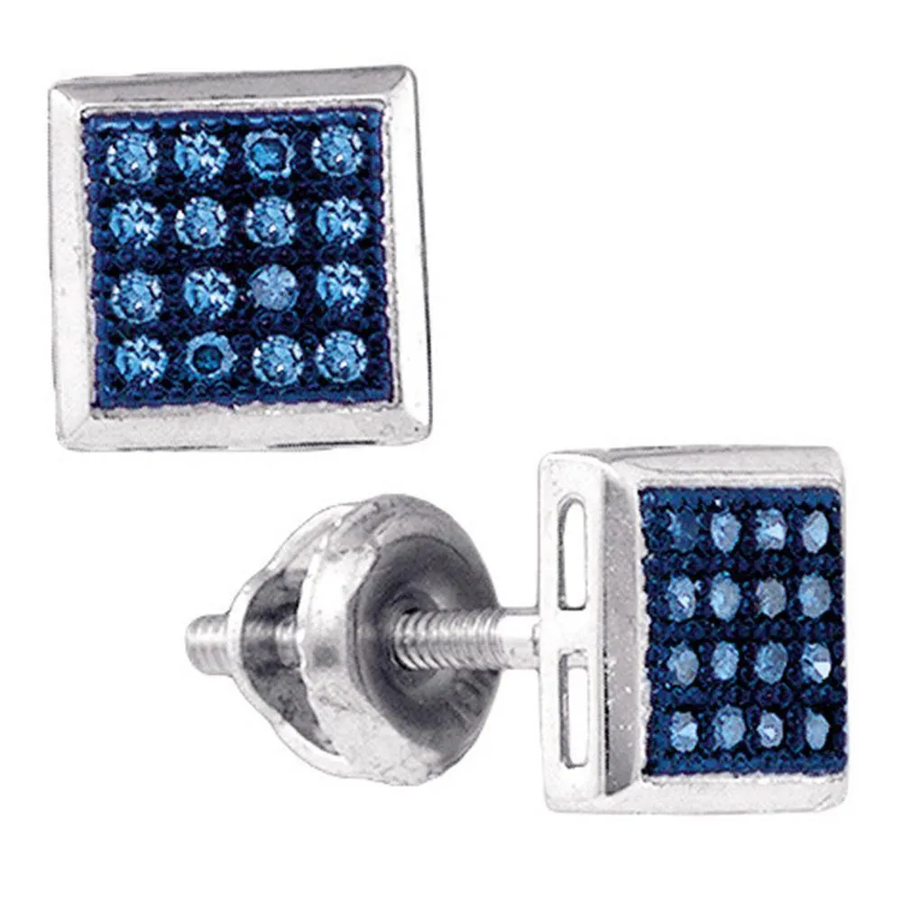 10k White Gold Blue Color Enhanced Diamond Square Cluster Screwback Stud Earrings 1/10 Cttw