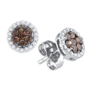 10k White Gold Cognac-brown Color Enhanced Diamond Flower Cluster Screwback Stud Earrings 1/4 Cttw