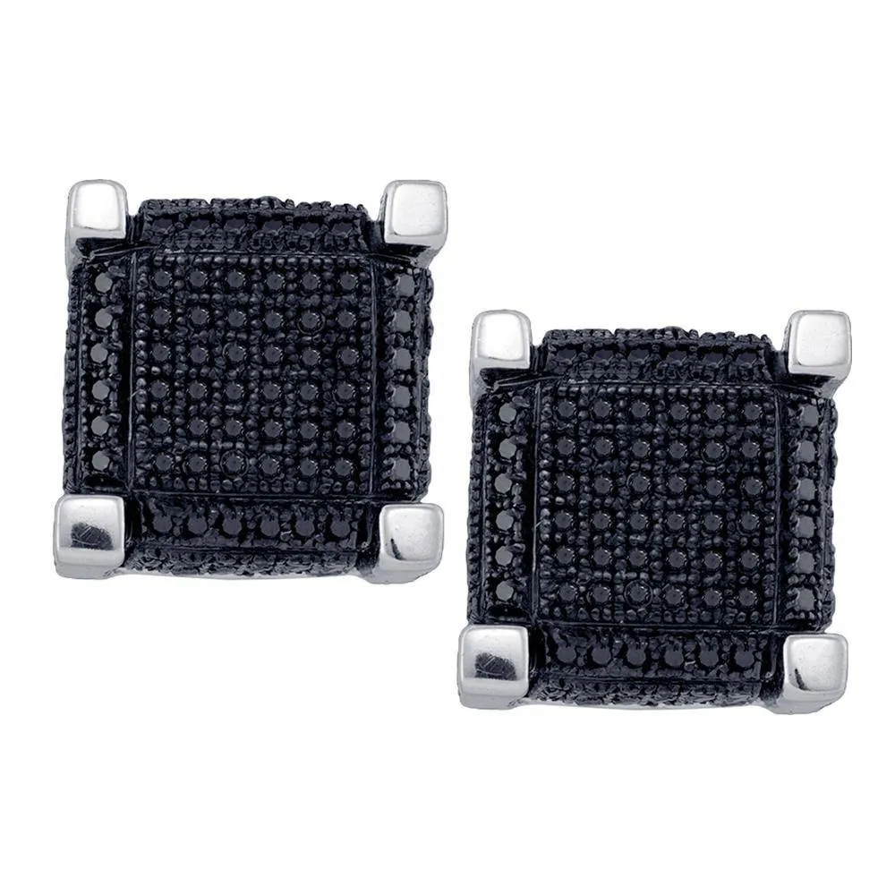 10K White Gold Mens Round Black Color Enhanced Diamond 3D Square Cube Cluster Earrings 1.00 Cttw