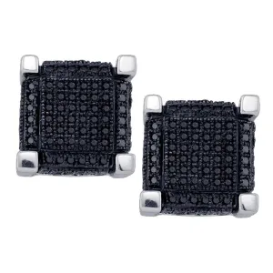 10K White Gold Mens Round Black Color Enhanced Diamond 3D Square Cube Cluster Earrings 1.00 Cttw