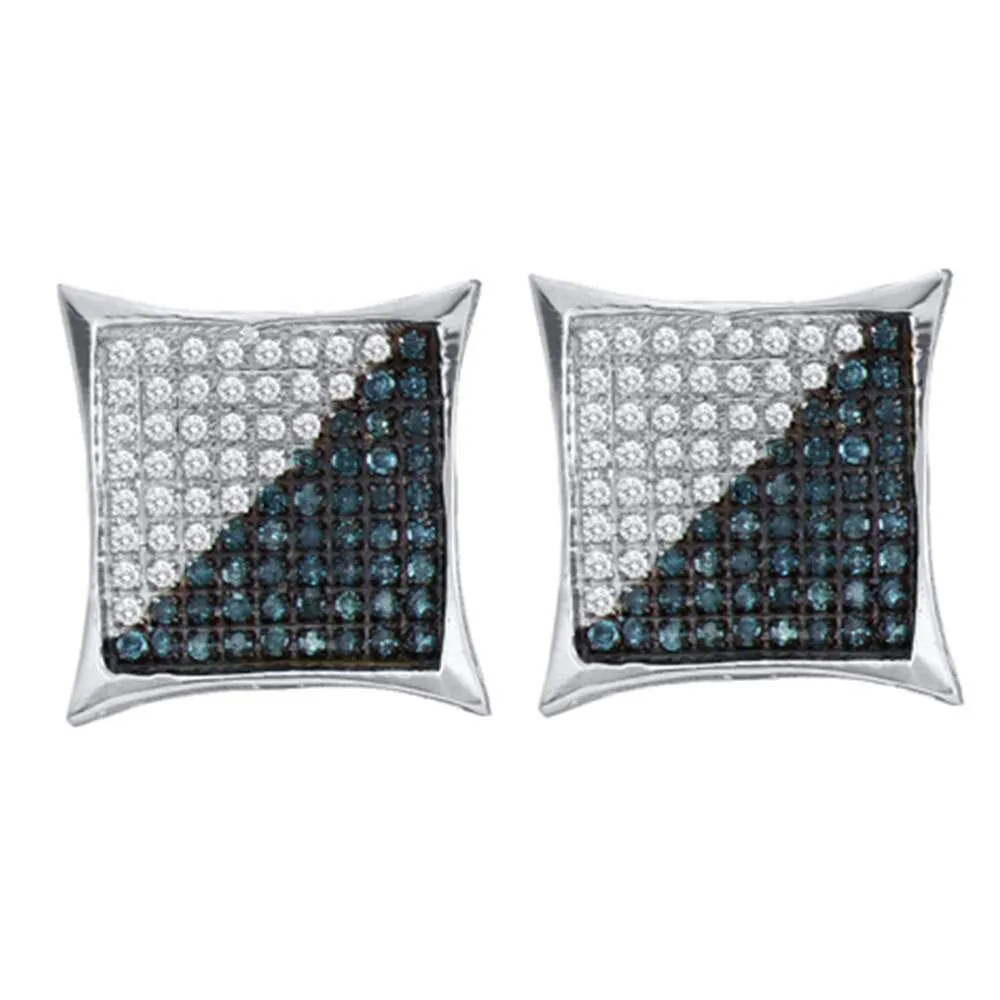 10K White Gold Mens Round Blue Color Enhanced Diamond Square Kite Cluster Earrings 1/10 Cttw