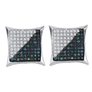 10K White Gold Mens Round Blue Color Enhanced Diamond Square Kite Cluster Earrings 1/10 Cttw