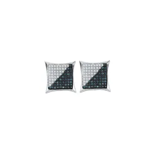 10K White Gold Mens Round Blue Color Enhanced Diamond Square Kite Cluster Earrings 1/3 Cttw