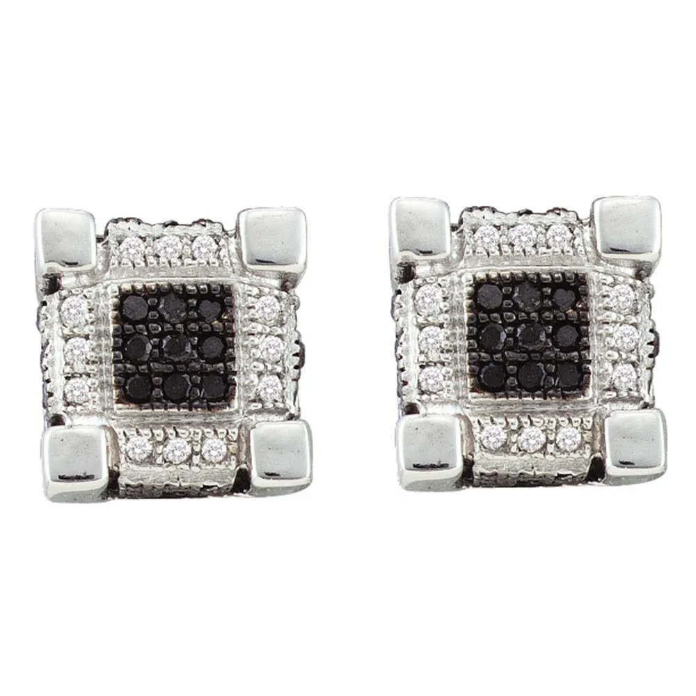 10K White Gold Mens Round Diamond 3D Cube Square Cluster Stud Earrings 1/4 Cttw