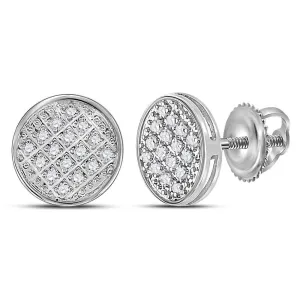 10K White Gold Mens Round Diamond Circle Cluster Stud Earrings 1/12 Cttw