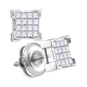 10K White Gold Princess Diamond Square Cluster Screwback Earrings 1/3 Cttw