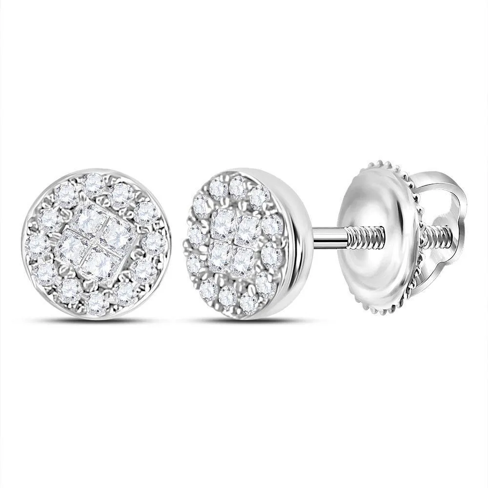 10K White Gold Princess Round Diamond Soleil Cluster Earrings 1/6 Cttw