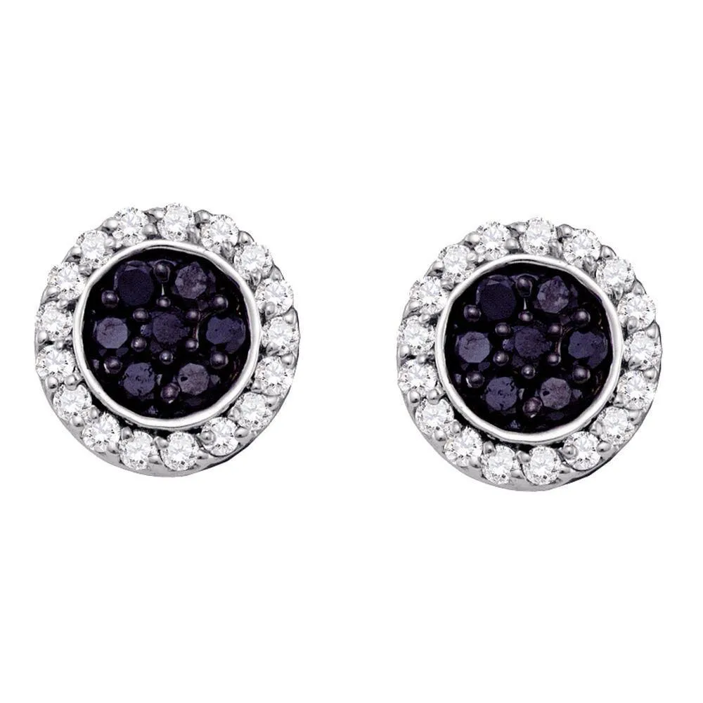 10K White Gold Round Black Color Enhanced Diamond Circle Frame Cluster Earrings 1.00 Cttw