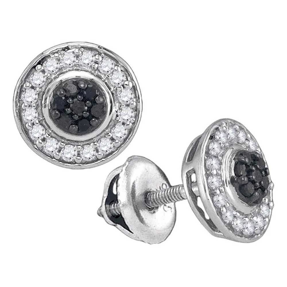 10K White Gold Round Black Color Enhanced Diamond Circle Frame Cluster Earrings 1/3 Cttw