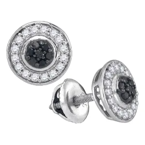 10K White Gold Round Black Color Enhanced Diamond Circle Frame Cluster Earrings 1/3 Cttw