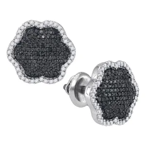 10K White Gold Round Black Color Enhanced Diamond Cluster Earrings 1/2 Cttw