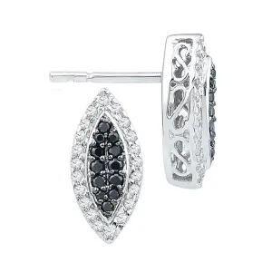10K White Gold Round Black Color Enhanced Diamond Oval Cluster Screwback Earrings 1/3 Cttw
