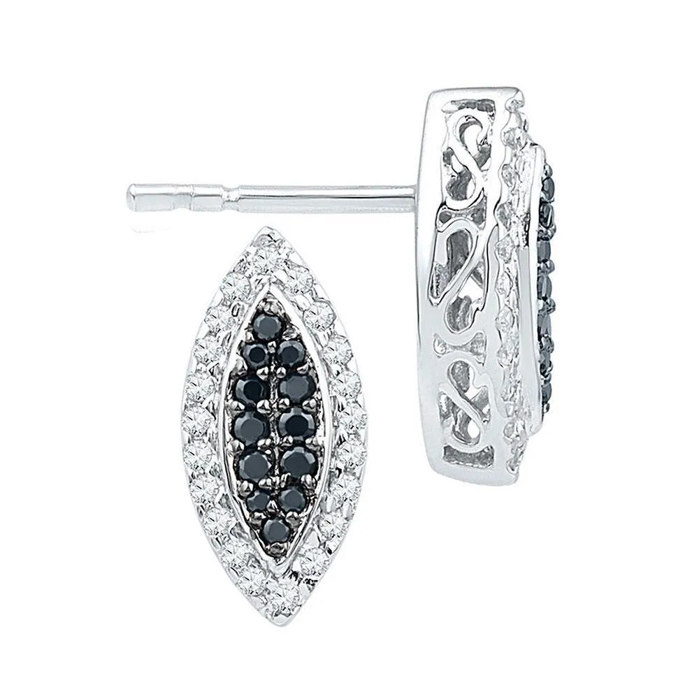 10K White Gold Round Black Color Enhanced Diamond Oval Cluster Screwback Earrings 1/3 Cttw