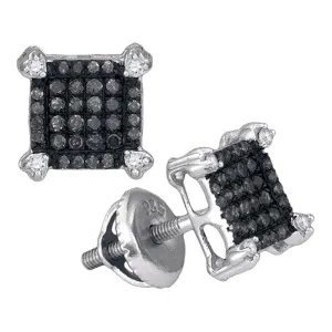 10K White Gold Round Black Color Enhanced Diamond Square Cluster Earrings 1/4 Cttw
