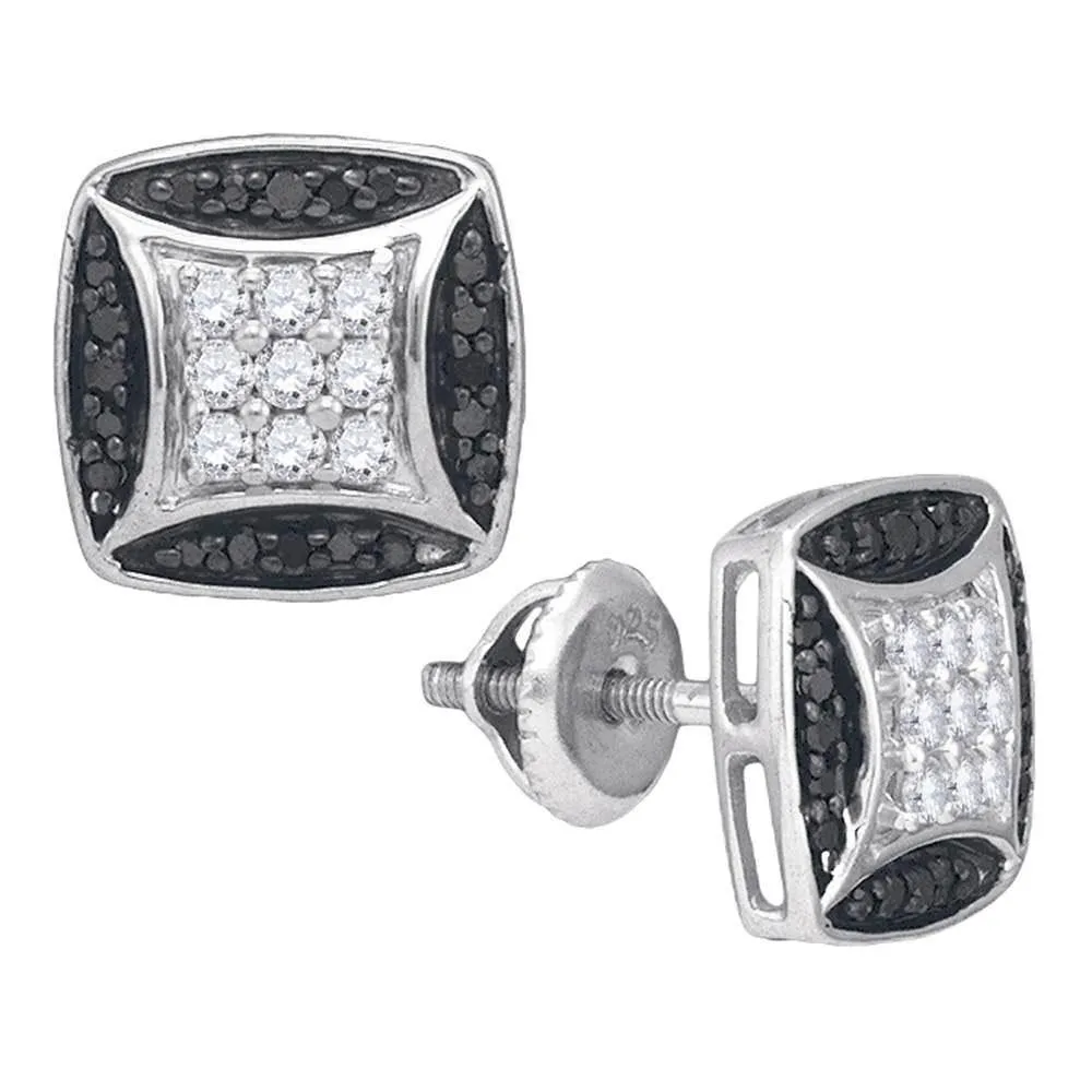 10K White Gold Round Black Color Enhanced Diamond Square Cluster Stud Earrings 1/2 Cttw