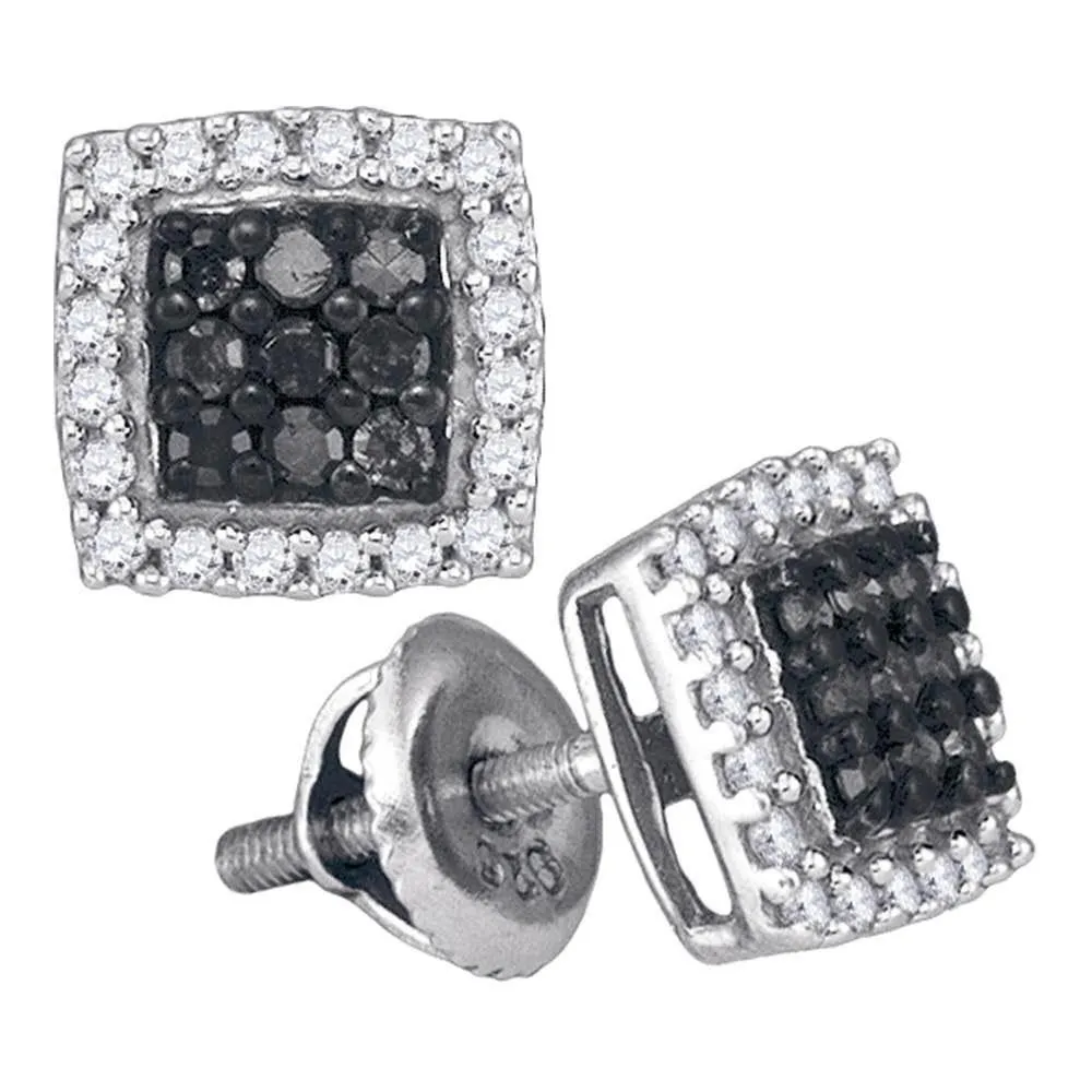 10K White Gold Round Black Color Enhanced Diamond Square Frame Cluster Earrings 1/2 Cttw