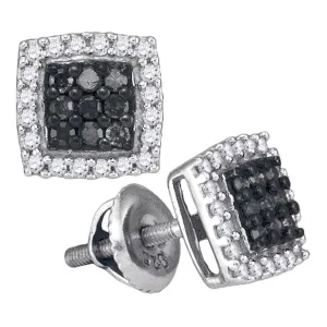10K White Gold Round Black Color Enhanced Diamond Square Frame Cluster Earrings 1/2 Cttw