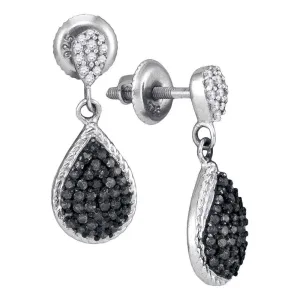 10K White Gold Round Black Color Enhanced Diamond Teardrop Cluster Dangle Earrings 1/2 Cttw