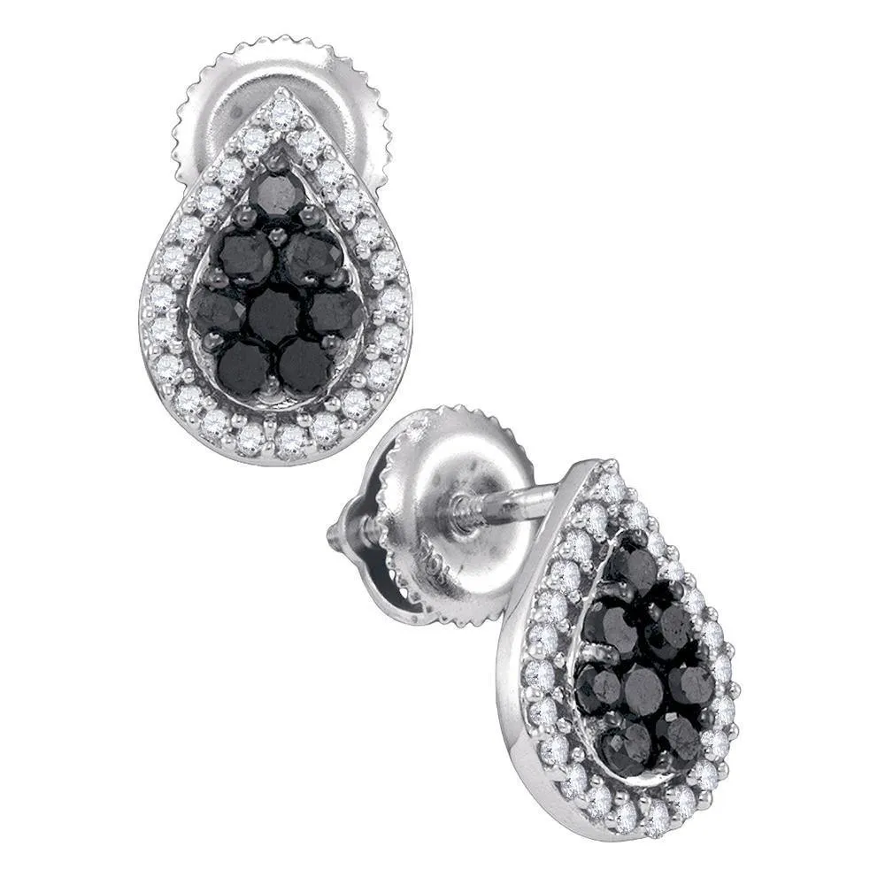 10K White Gold Round Black Color Enhanced Diamond Teardrop Cluster Stud Earrings 1/2 Cttw