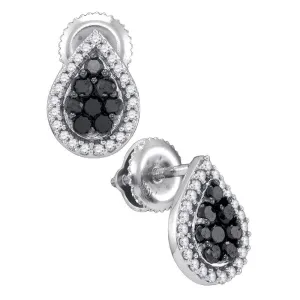 10K White Gold Round Black Color Enhanced Diamond Teardrop Cluster Stud Earrings 1/2 Cttw